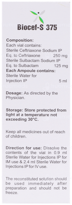 Biocef S 250/125 Mg Injection 1 Biocef S 250/125 Mg Injection 1